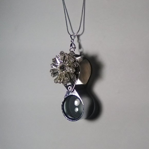 Magnifying Glass Rhinestone Cover-Up Pendant Necklace with Sterling Chain - Picture 3 of 7